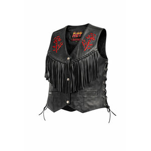 Vtg Y2K HOT Leathers Black Leather Fringe Vest Red Velvet Rose Embroidered XXL